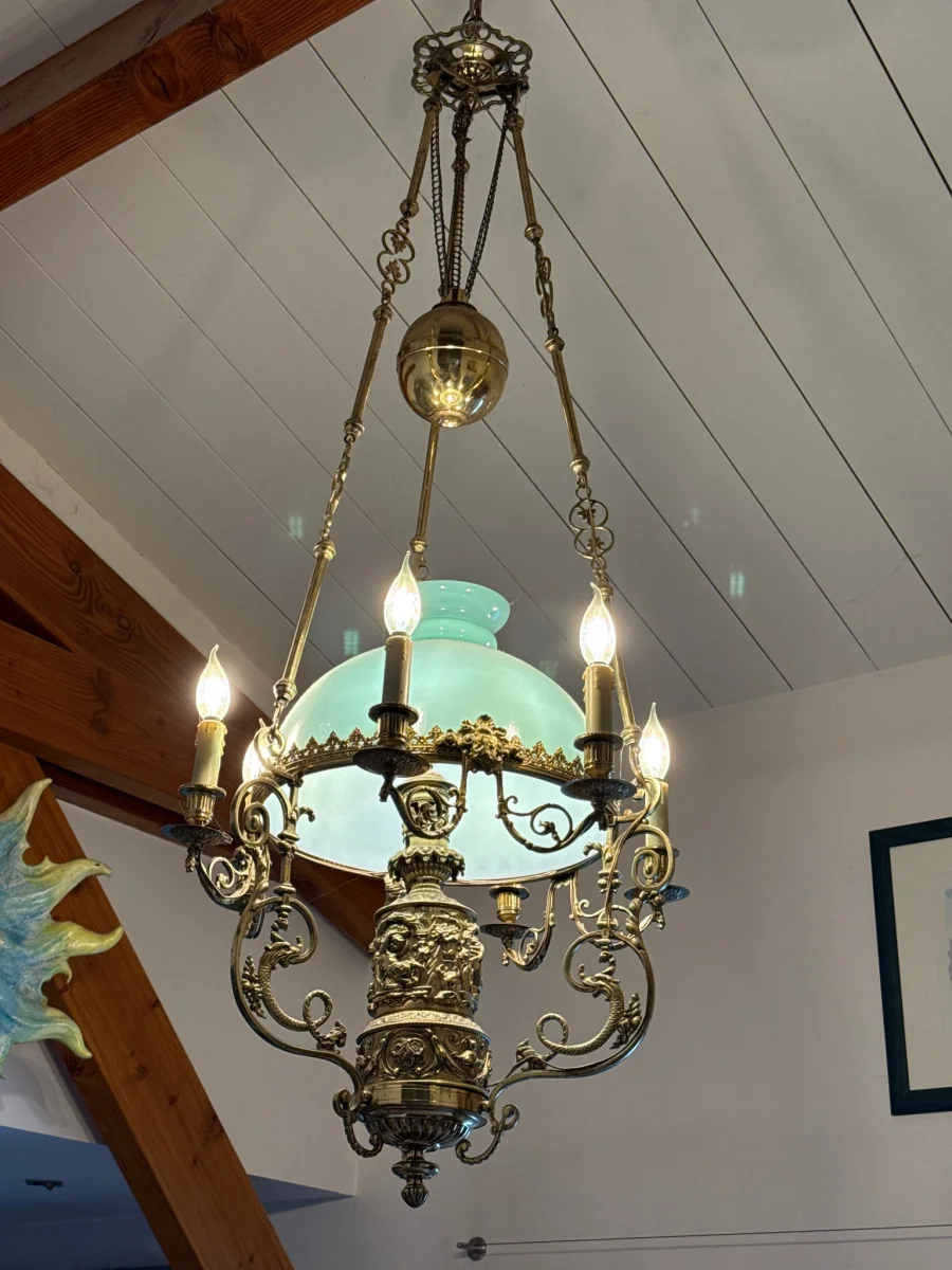 Lustre Napoléon 3 globe opaline bleu/vert