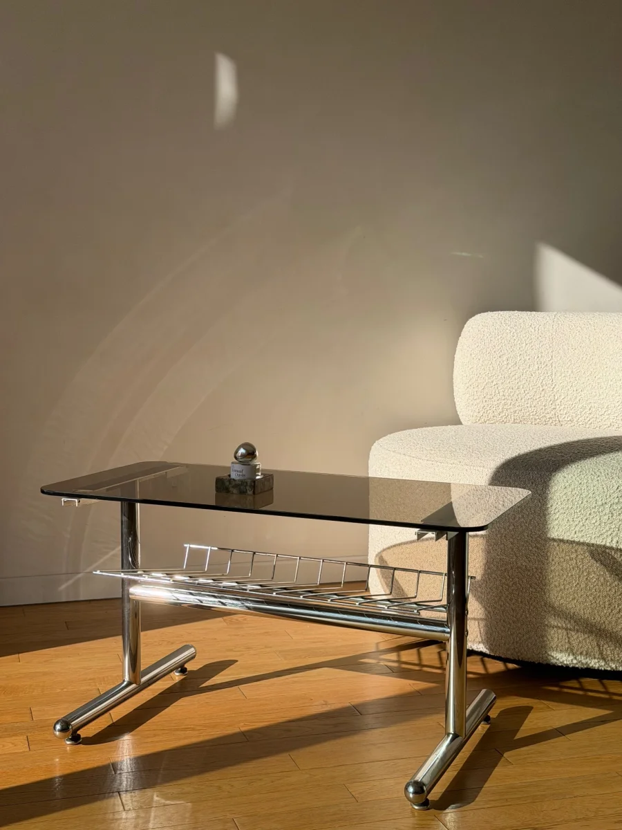Table basse vintage verre fumé chrome design années 70