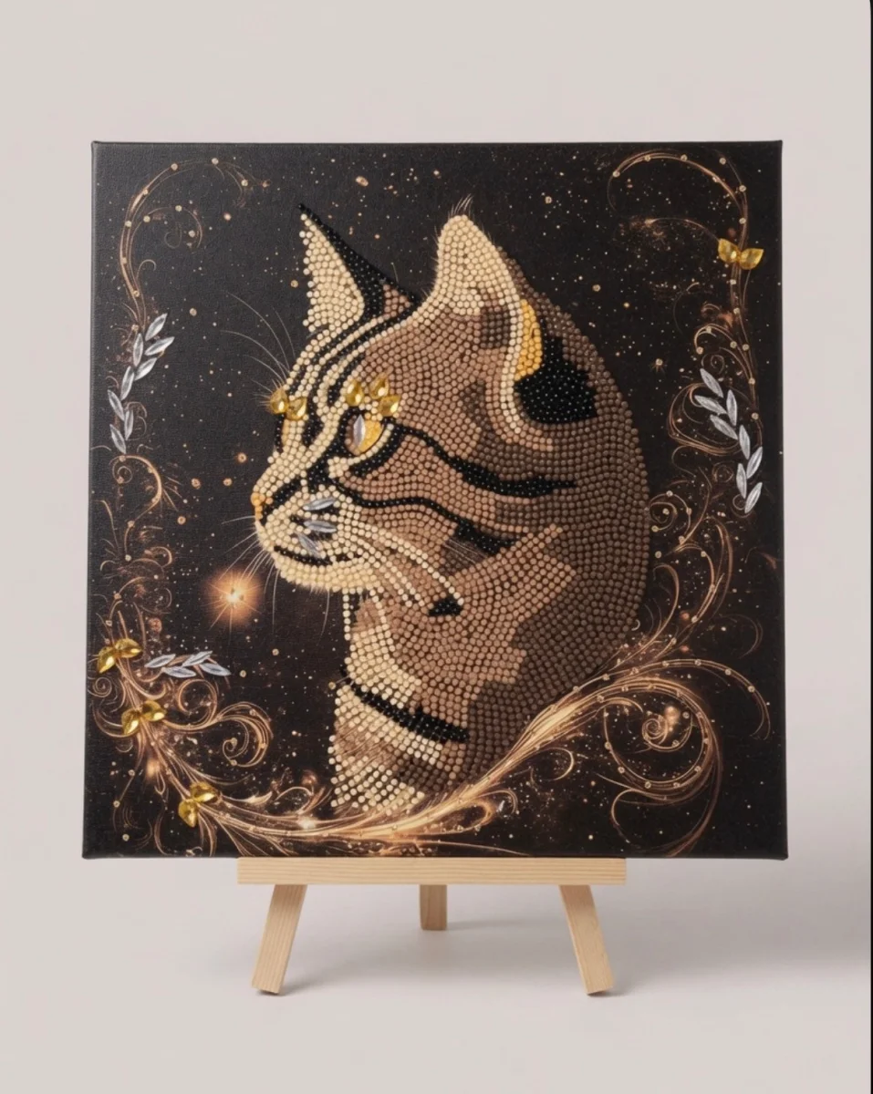 Tableau Diamant "Félin Mystique" — Création Artisanale & Scintillante