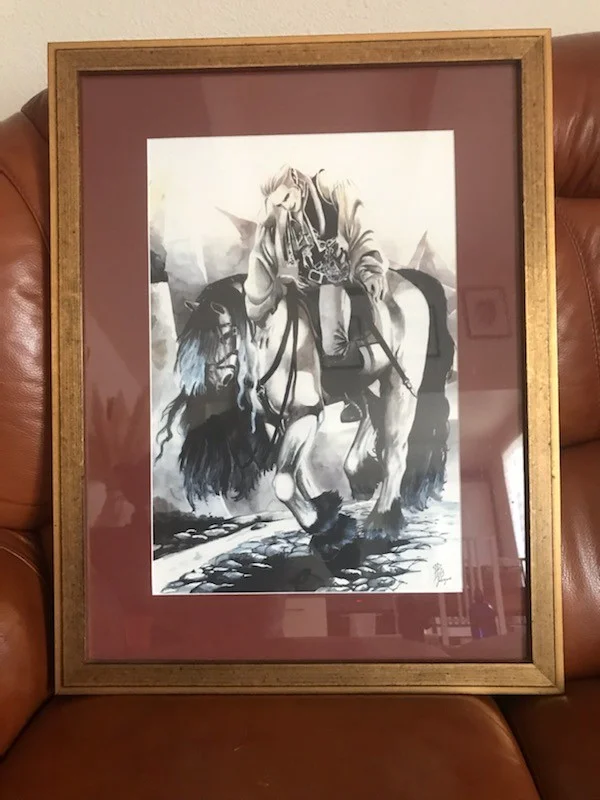 Cadre en bois avec vitre - gravure homme et cheval signée