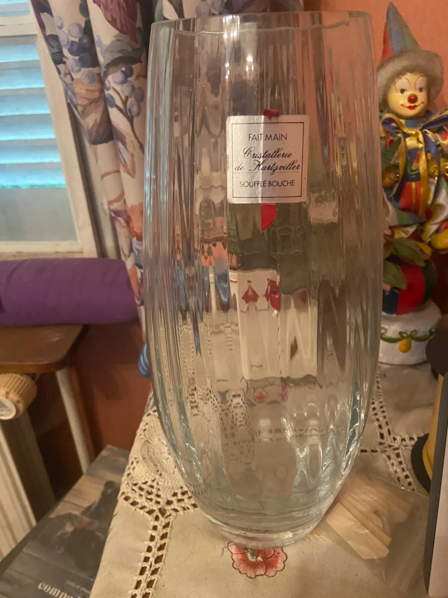 Vase Cristal Hartzviller Fait Main Soufflé Bouche - Étiquette d'origine