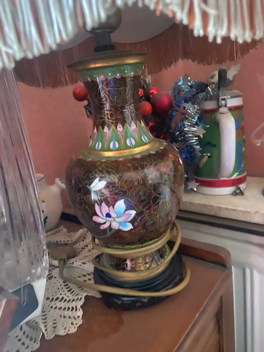 Lampe Vintage Émail Cloisonné Lotus Abat-jour Pagode Franges -